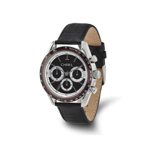 Montre chronographe en acier inoxydable noir avec bracelet en cuir