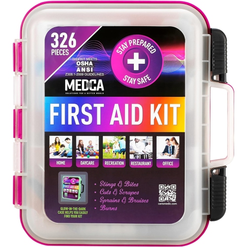 First Aid Kit - Emergency First Aid Kit and Medical Kit Exceeds Ansi Z308.1-2009 Osha Standards, Hard Case, Wall Mount & Glows in the Dark for Office