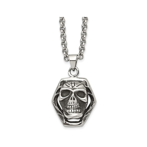 Stainless Steel Antiqued and Polished Skull Pendant Necklace with Chain