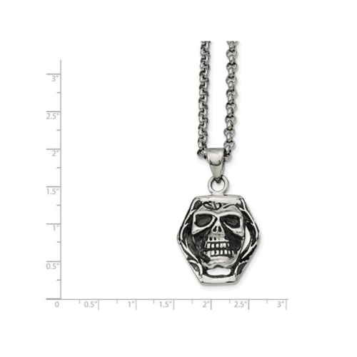 Stainless Steel Antiqued and Polished Skull Pendant Necklace with Chain