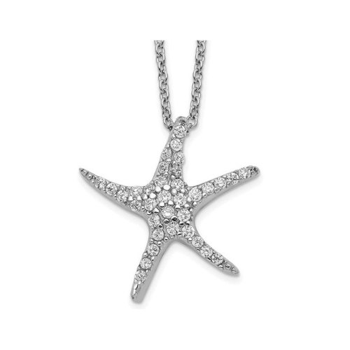 Image 1 of 4.. Sterling Silver Starfish Charm Pendant Necklace with Synthetic Cubic Zirconias