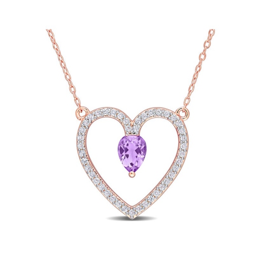 Image 1 of 5.. 1.13 Carat Amethyst and White Topaz Heart Pendant Necklace in Rose Plated Sterling Silver with Chain