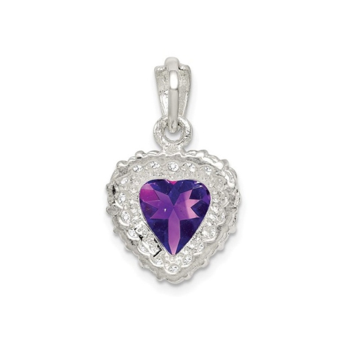 Purple Amethyst and Synthetic Cubic Zirconia Heart Pendant Necklace in Sterling Silver with chain