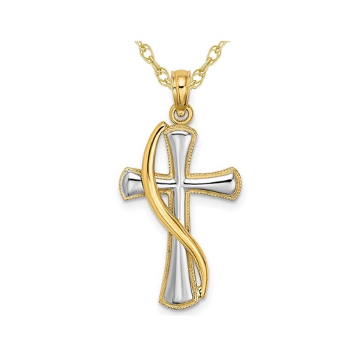 GEM AND HARMONY  Cross Pendant Necklace In 14K And White Gold With Chain In Yellow