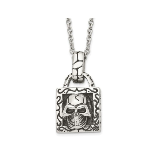 Stainless Steel Antiqued and Polished Skull Pendant Necklace with Chain