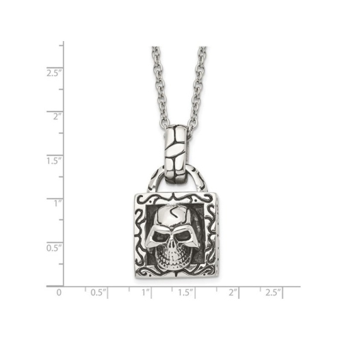 Stainless Steel Antiqued and Polished Skull Pendant Necklace with Chain