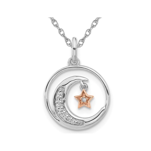 Sterling Silver Moon and Star Charm Pendant Necklace with Chain and Accent Diamonds