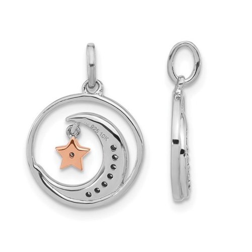 Sterling Silver Moon and Star Charm Pendant Necklace with Chain and Accent Diamonds