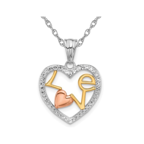 Image 1 de 4.. Collier à pendentif en or jaune, blanc et rose 14K ct avec chaîne à breloque en forme de coeur LOVE