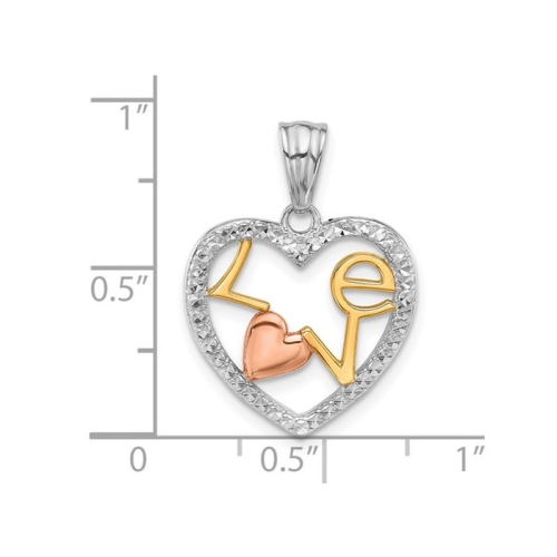 14K Yellow, White and Rose Gold - LOVE - Heart Charm Pendant Necklace with Chain