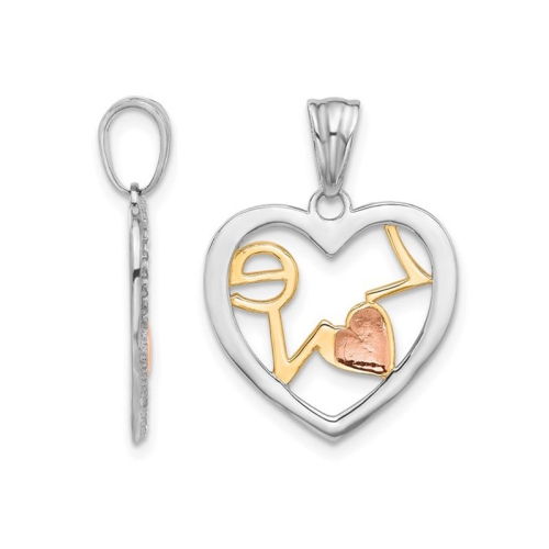 14K Yellow, White and Rose Gold - LOVE - Heart Charm Pendant Necklace with Chain