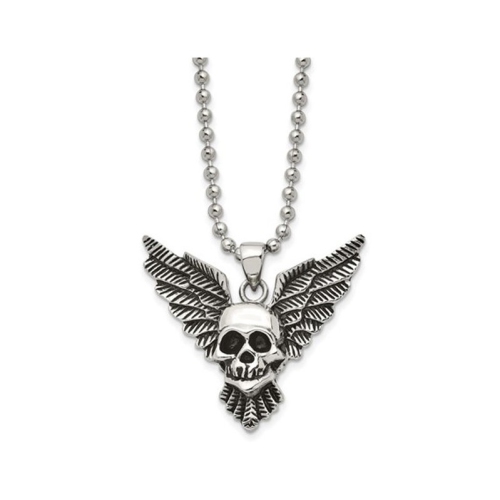 Stainless Steel Antiqued and Polished Skull with Wings Pendant Necklace with Chain