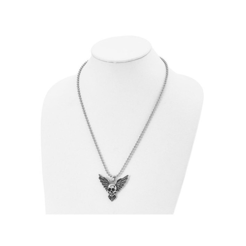 Stainless Steel Antiqued and Polished Skull with Wings Pendant Necklace with Chain