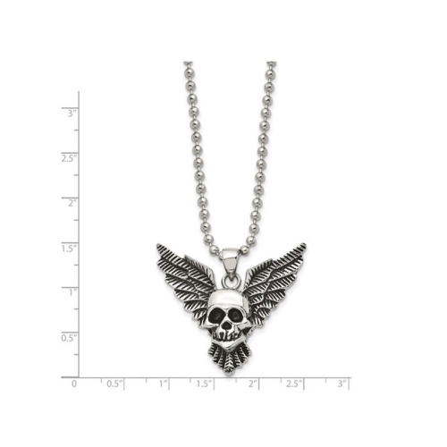 Stainless Steel Antiqued and Polished Skull with Wings Pendant Necklace with Chain