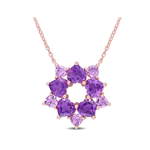 GEM AND HARMONY  4.75 Carat (Ctw) Amethyst & African Amethyst Floral Pendant Necklace In Rose Plated Sterling With Chain In Silver