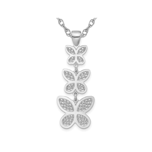 Sterling Silver Polished Beaded Butterfly Charm Pendant Necklace with Chain