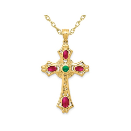 GEM AND HARMONY  14K Gold 2.27 Carat (Ctw) Ruby And Emerald Cross Pendant Necklace With Chain In Yellow