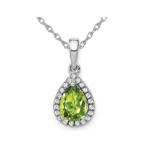 GEM AND HARMONY  3/4 Carat (Ctw) Peridot Drop Pendant Necklace In 14K Gold With Diamonds And Chain In White