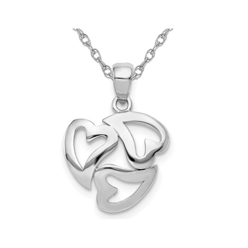 GEM AND HARMONY  14K Gold Triple Heart Charm Pendant Necklace With Chain In White
