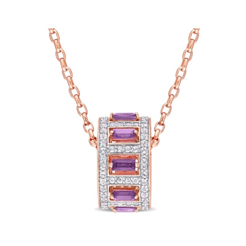 GEM AND HARMONY  2.14 Carat (Ctw) African Amethyst And Topaz Spinner Pendant Necklace In Rose Plated Sterling Silver With Chain In White
