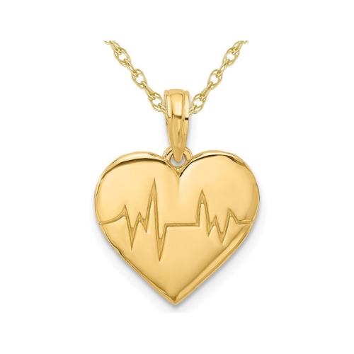 GEM AND HARMONY  14K Gold Ekg Heart Charm Pendant Necklace With Chain In Yellow