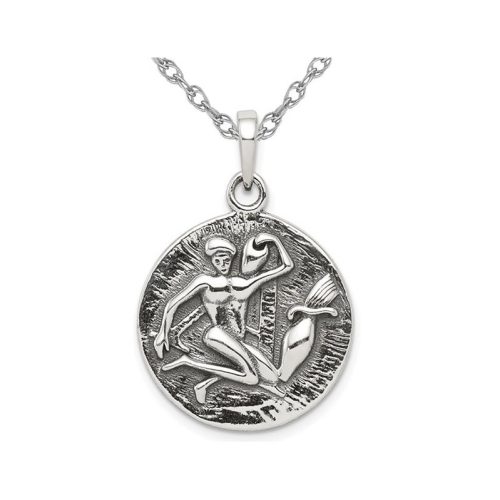 GEM AND HARMONY  Sterling Aquarius Charm Astrology Zodiac Pendant Necklace With Antique Finish And Chain In Silver