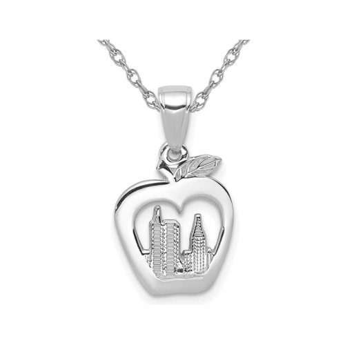 GEM AND HARMONY  14K Gold New York Skyline Apple Charm Pendant Necklace With Chain In White
