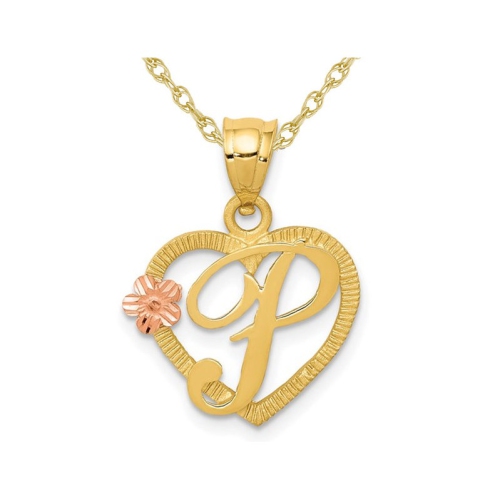 14K Yellow Gold Initial -P- Heart Necklace Pendant Charm with Chain
