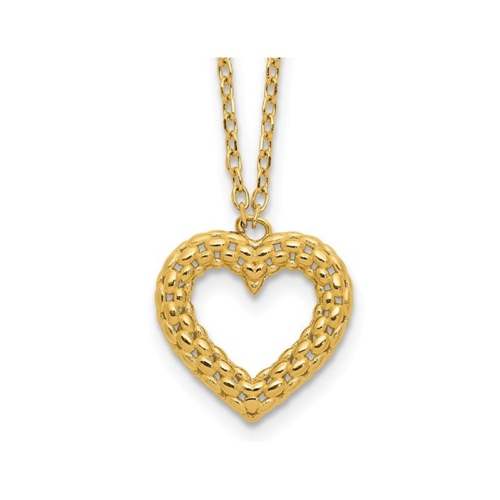GEM AND HARMONY  14K Gold Polished Textured Heart Pendant Necklace And Chain In Yellow