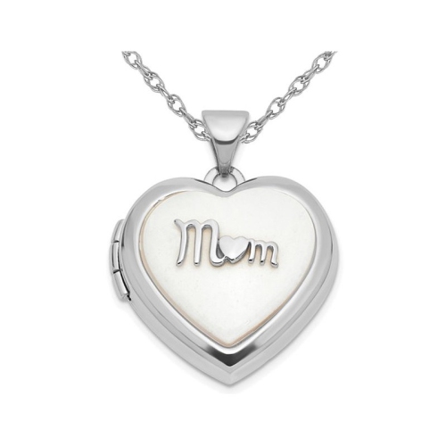 14K White Gold Heart MOM Locket Pendant Necklace with White Agate and Chain