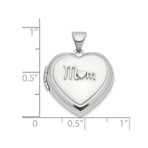 14K White Gold Heart MOM Locket Pendant Necklace with White Agate and Chain