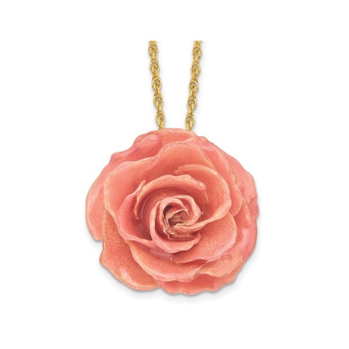 GEM AND HARMONY  Lacquer Dipped Pink Real Rose With 20 Inch Plated Necklace In Yellow