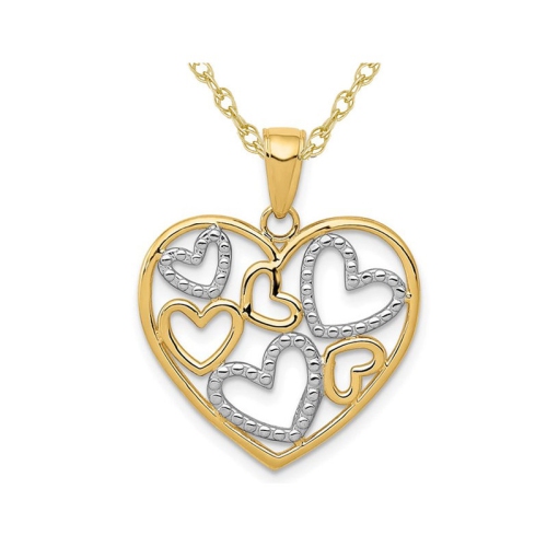 GEM AND HARMONY  14K And White Gold Heart Charm Pendant Necklace With Chain In Yellow