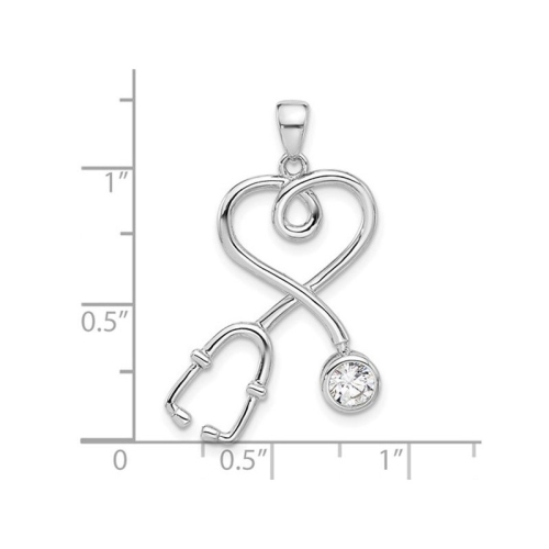 Stethoscope Charm Pendant Necklace in Sterling Silver with Cubic Zirconia and Chain