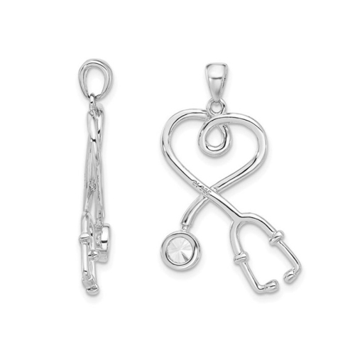 Stethoscope Charm Pendant Necklace in Sterling Silver with Cubic Zirconia and Chain