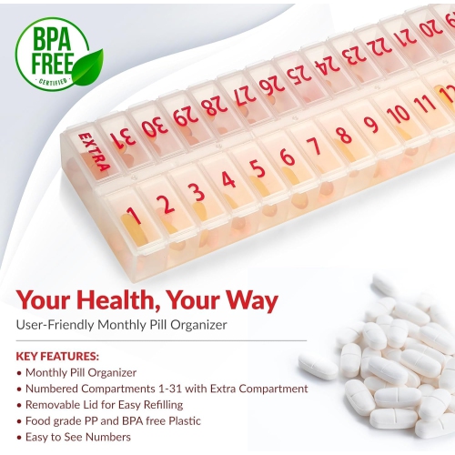 Large Pill Organizer Monthly 32 Compartments - 30 Day Pill Organizer 1 Time a Day, Large Compartment Box for Medications, Bpa-Free Plastic, Removable