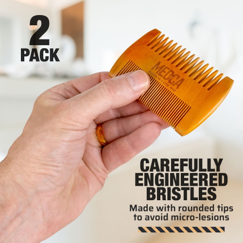 Wooden Beard Comb for Men - Pack of 2, Handcrafted Solid Beechwood Beard Combs, Mustache and Head Hair Pocket Comb with Leather Case - Dual Action