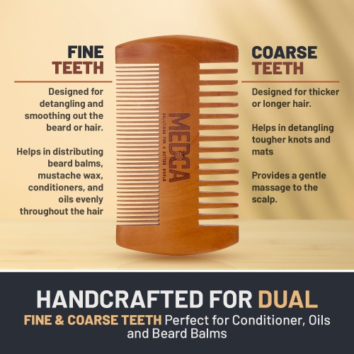 Wooden Beard Comb for Men - Pack of 2, Handcrafted Solid Beechwood Beard Combs, Mustache and Head Hair Pocket Comb with Leather Case - Dual Action