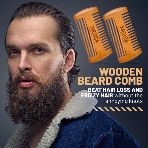 Wooden Beard Comb for Men - Pack of 2, Handcrafted Solid Beechwood Beard Combs, Mustache and Head Hair Pocket Comb with Leather Case - Dual Action
