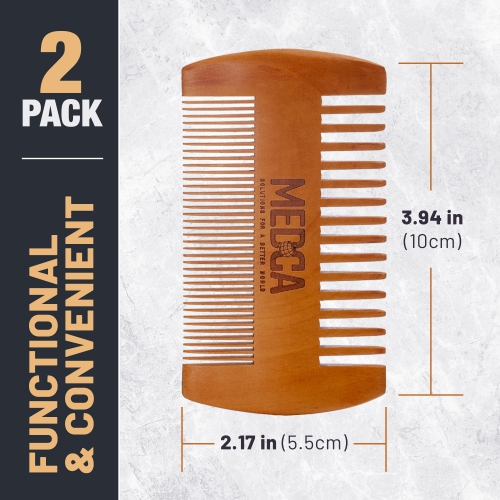 Wooden Beard Comb for Men - Pack of 2, Handcrafted Solid Beechwood Beard Combs, Mustache and Head Hair Pocket Comb with Leather Case - Dual Action