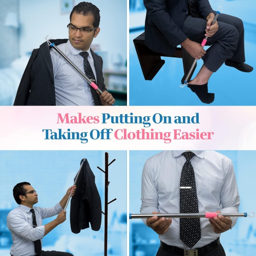 Dressing Stick Fully Adjustable for Long Lengths Up to 28.5" - Makes Putting on and Taking Off Clothing Easier, Home Health Aids Silver