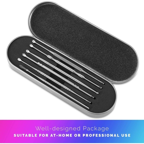 Ear Wax Removal Kit - 6 Piece Ear Cleansing Tool Set, Stainless Steel Ear Curette Earwax Removal Kit for Thorough Ear Cleaner with Spiral Spring