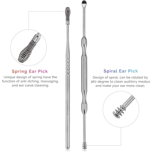 Ear Wax Removal Kit - 6 Piece Ear Cleansing Tool Set, Stainless Steel Ear Curette Earwax Removal Kit for Thorough Ear Cleaner with Spiral Spring