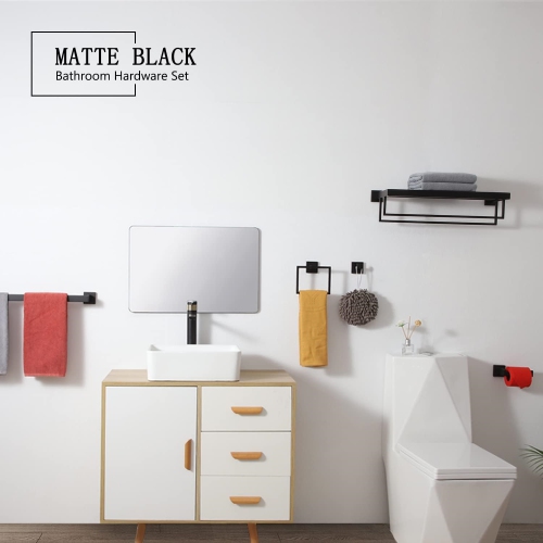 4 Pieces Matte Black Bathroom Hardware Set, Includes 23.6 Inch Towel Bar, Towel Ring, Toilet Paper Holder, Robe Hook, Stainless Steel, Wall Mounted