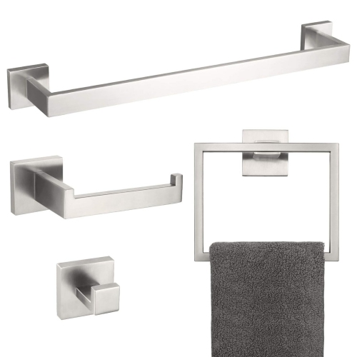4 Pieces Brushed Nickel Bathroom Hardware Set, Includes 23.6 Inch Towel Bar, Towel Ring, Toilet Paper Holder, Robe Hook, Stainless Steel, Wall Mounted