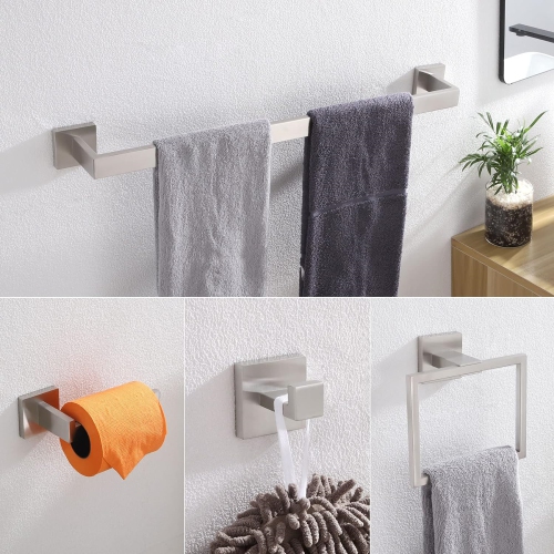 4 Pieces Brushed Nickel Bathroom Hardware Set, Includes 23.6 Inch Towel Bar, Towel Ring, Toilet Paper Holder, Robe Hook, Stainless Steel, Wall Mounted