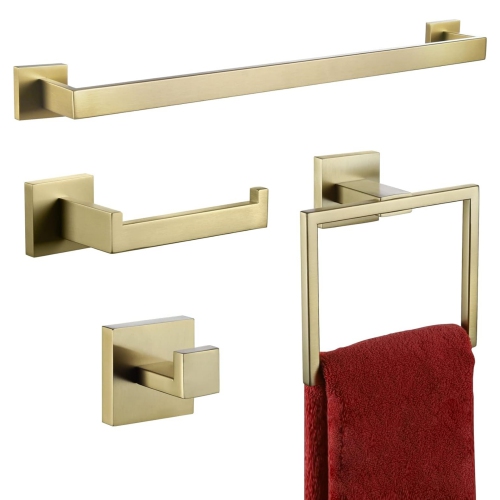 Image 1 de 9.. 4 Pieces Brushed Gold Bathroom Hardware Set, Includes 23.6 Inch Towel Bar, Towel Ring, Toilet Paper Holder, Robe Hook, Stainless Steel, Wall Mounted