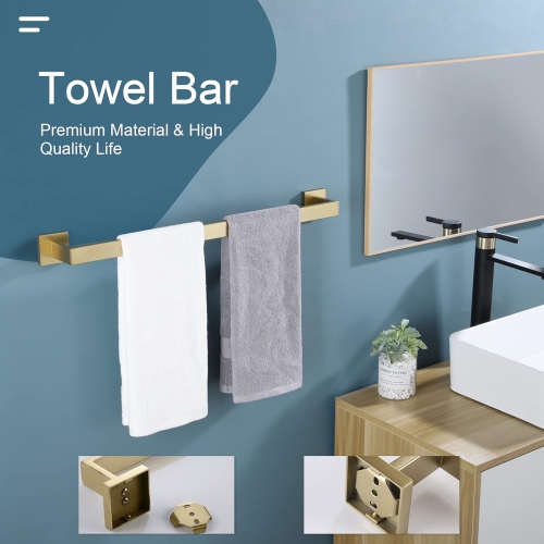 4 Pieces Brushed Gold Bathroom Hardware Set, Includes 23.6 Inch Towel Bar, Towel Ring, Toilet Paper Holder, Robe Hook, Stainless Steel, Wall Mounted