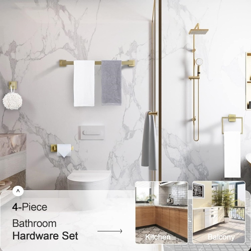4 Pieces Brushed Gold Bathroom Hardware Set, Includes 23.6 Inch Towel Bar, Towel Ring, Toilet Paper Holder, Robe Hook, Stainless Steel, Wall Mounted