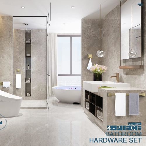 4 Pieces Brushed Gold Bathroom Hardware Set, Includes 23.6 Inch Towel Bar, Towel Ring, Toilet Paper Holder, Robe Hook, Stainless Steel, Wall Mounted